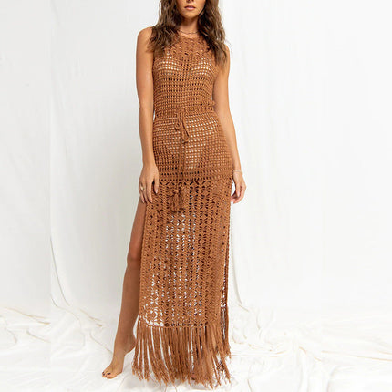Beach Covervup Cutout out Tied Tassel Bikini Swimsuit Outwear Maxi Dress Women Crochet hook