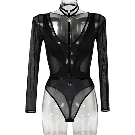 Women Clothing Spring Autumn Mesh Long Sleeve Hollow Out Cutout out See through Stitching V-neck Halter Jumpsuit Women