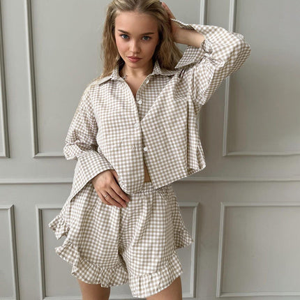 Plaid Cardigan Long Sleeve Shorts Home Wear Autumn Cotton Loose Casual Pajamas Women