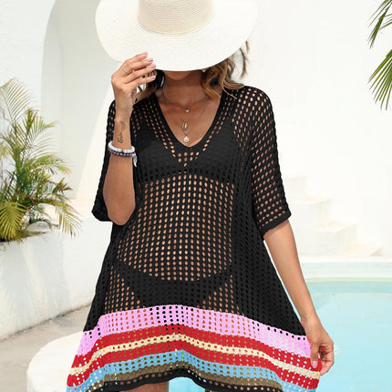 Beach Dress Women Clothing Deep V Plunge Sexy Sheer Cutout Woven Color Contrast Patchwork Beach Cover Up