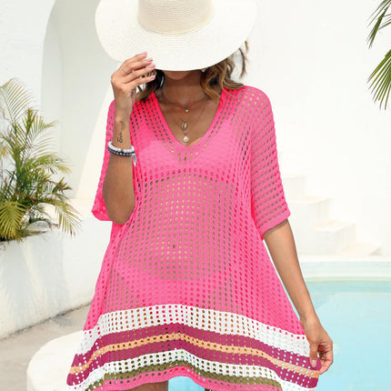 Beach Dress Women Clothing Deep V Plunge Sexy Sheer Cutout Woven Color Contrast Patchwork Beach Cover Up