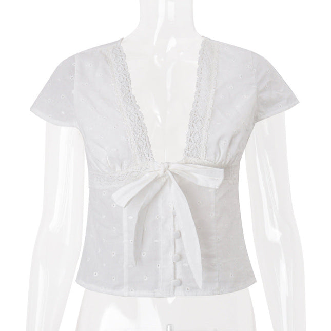 Women Clothing Summer Sexy V neck Bow Bandage Sexy Short Sleeve T shirt Top