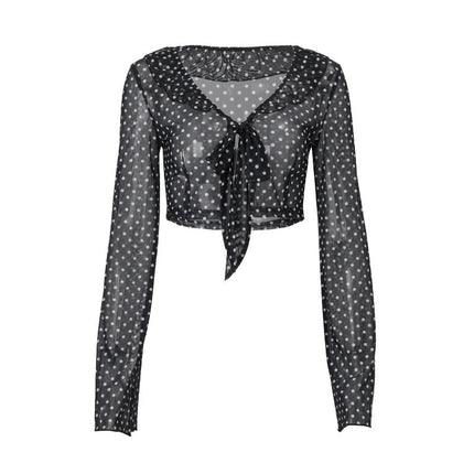 Women Clothing Summer Sexy See through Polka Dot Printed Long Sleeve Elegant Top
