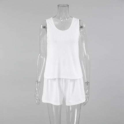 Spring Knitted Sunken Stripe Ladies Homewear Vest Shorts Two Piece Set Casual Soft Simple Pajamas