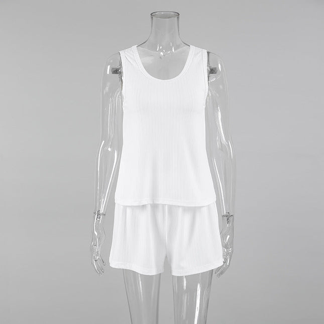 Spring Knitted Sunken Stripe Ladies Homewear Vest Shorts Two Piece Set Casual Soft Simple Pajamas