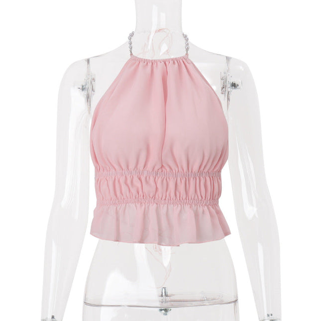 Women Clothing Summer Street Sexy Sexy Cutout Pleated Solid Color Halter Vest Top