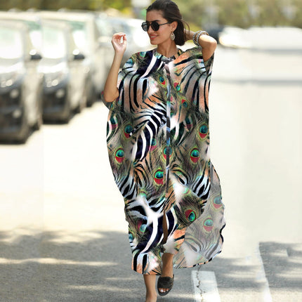 Beach Cover-up Elastic Printing Oversized Button Vacation Robe