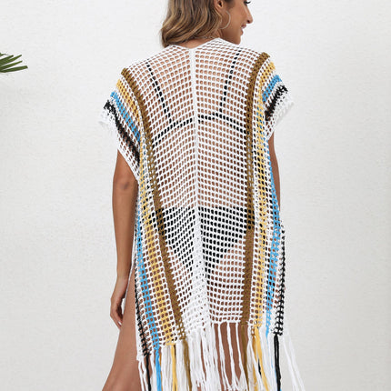 Beach Cover up Women Clothing Loose Woven Shirt Color Contrast Patchwork Tassel Beach Cover Up Cardigan