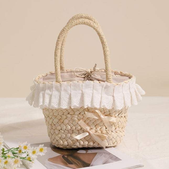 Cute Lace Portable Corn Husk Straw Bag Bow Woven Bag Vacation Beach Bag Hand Carrying Small Basket