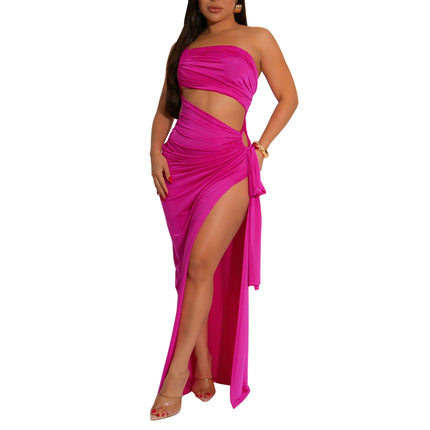 Supply Women Wear Solid Color Diagonal Collar Sexy Tube Top Split Dress