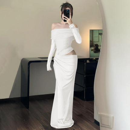 Women Clothing Spring Sexy Sexy off Shoulder Mesh Stitching Long Sleeves Hollow Out Cutout Dress Women