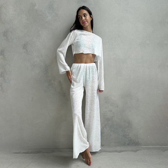 Autumn White Knitted Fabric round Neck Long Sleeved Trousers Pajamas Two Piece Loose Comfortable Ladies Homewear