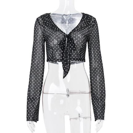 Women Clothing Summer Sexy See through Polka Dot Printed Long Sleeve Elegant Top