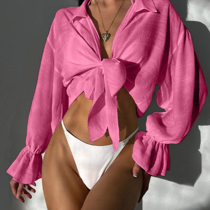 Beach Cover Up Sun Protection Front Lace Up Slub Cotton Shirt Long Sleeve Beach Sun Protection Shirt Women