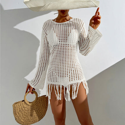 Beach Cover up Hollow Out Cutout out Knitted Dress Long Sleeve All Match Sun Protection Solid Color Tassel Dress See through Simple Sense