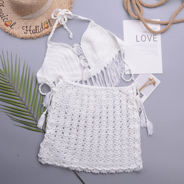 Retro Hand Crocheting Split Swimsuit Halter Strap Tassel Cutout A line Skirt Beach Skirt Women Set