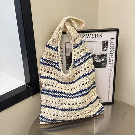 Striped Single Shoulder Cotton Thread Woven Bag Large Capacity Hollow Out Cutout Straw Bag Seaside Vacation Beach Bag