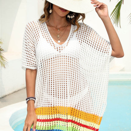 Beach Dress Women Clothing Deep V Plunge Sexy Sheer Cutout Woven Color Contrast Patchwork Beach Cover Up