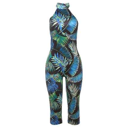 Summer Sexy Backless Halter Lace up Leopard Print Hip Raise Skinny Jumpsuit for Women