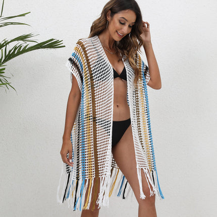 Beach Cover up Women Clothing Loose Woven Shirt Color Contrast Patchwork Tassel Beach Cover Up Cardigan