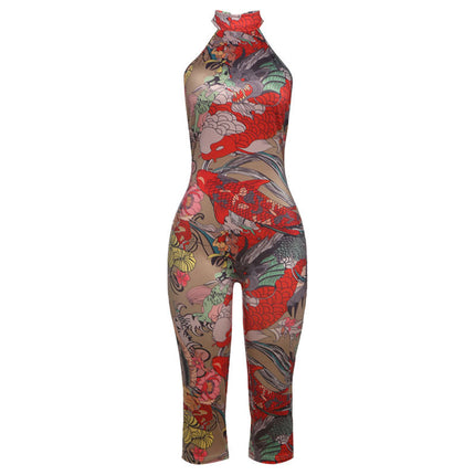 Summer Sexy Backless Halter Lace up Leopard Print Hip Raise Skinny Jumpsuit for Women