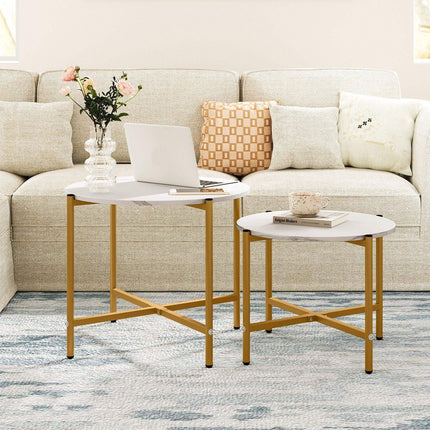 Round Coffee Table Set of 2 with Heavy-Duty Metal Frame-White