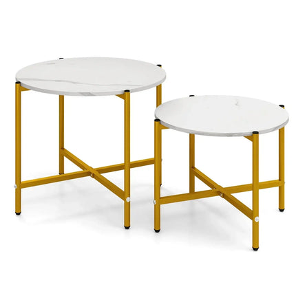 Round Coffee Table Set of 2 with Heavy-Duty Metal Frame-White