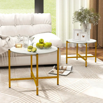 Round Coffee Table Set of 2 with Heavy-Duty Metal Frame-White