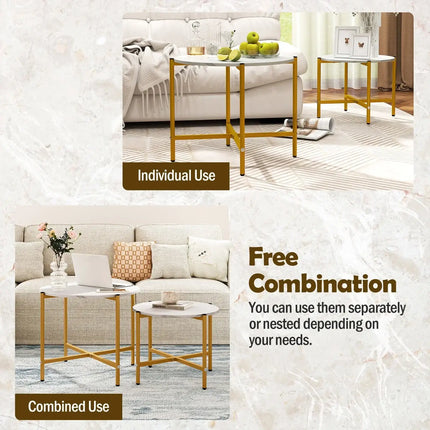 Round Coffee Table Set of 2 with Heavy-Duty Metal Frame-White