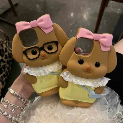 Silicone Cartoon Pink Bow Dog Suitable For Iphone 16 15 Pro Max  12 13 14 All Inclusive Protective Case