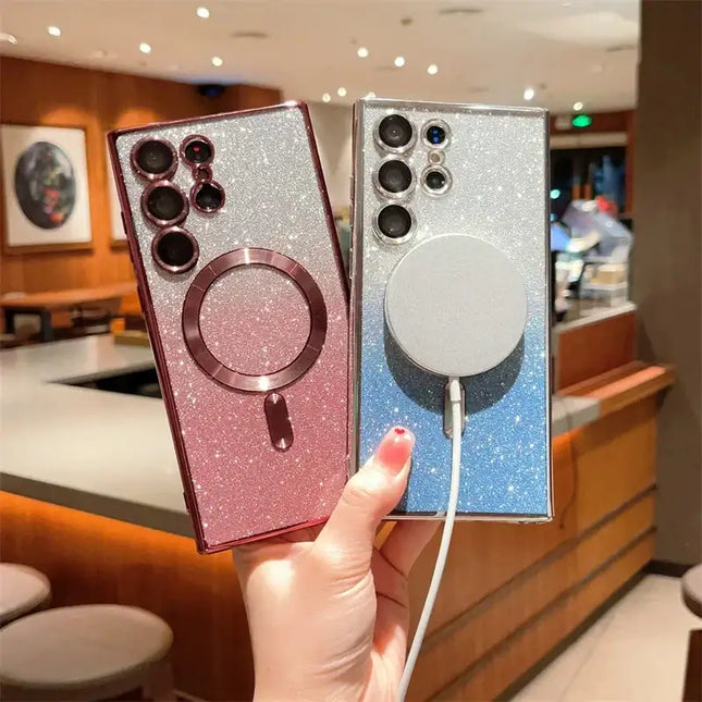 Glitter Luxury Magnetic Woman Case For Magsafe For Samsung Galaxy S24 S23 S22 S25 Ultra Plus Accessories Wireless Charging Cover
