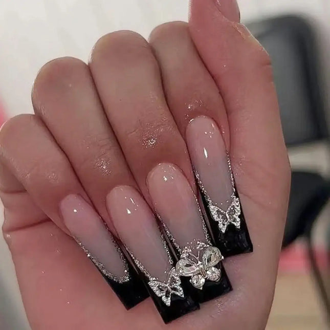 Luxury Women Girls Super Long Square Black French Sparkling Bow Decoration Full Coverage Wearable Fake Nail Press on Nail Art