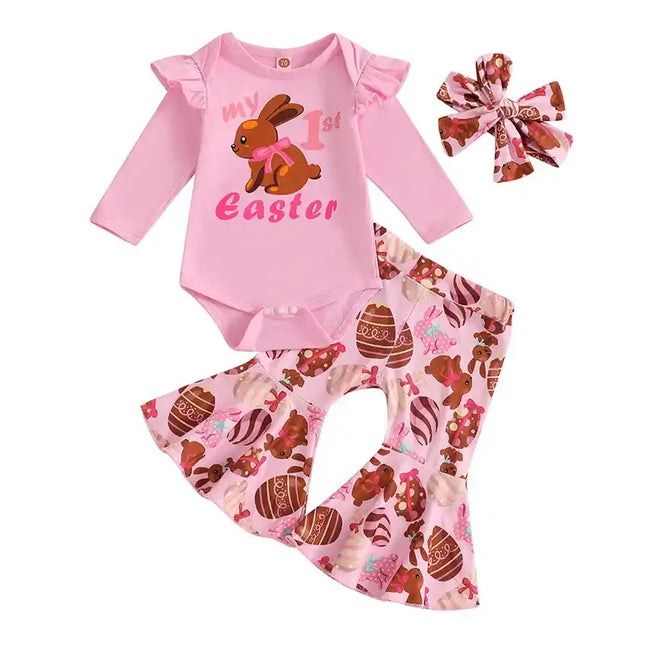 0-18M Infant Baby Girls Easter Outfits Long Sleeve Romper with Bunny Pattern Flare Pants and Headband 3 Pcs Set for Newborn