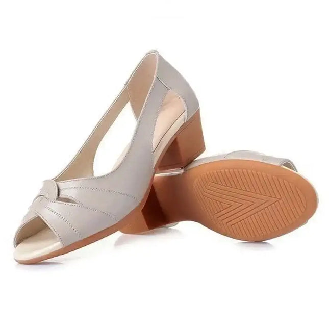 Black Peep Toe Mid Heel Sandals Women's Pumps Square Heel Soft Sole Leather Work Shoes Simple Casual Summer Hollow Out