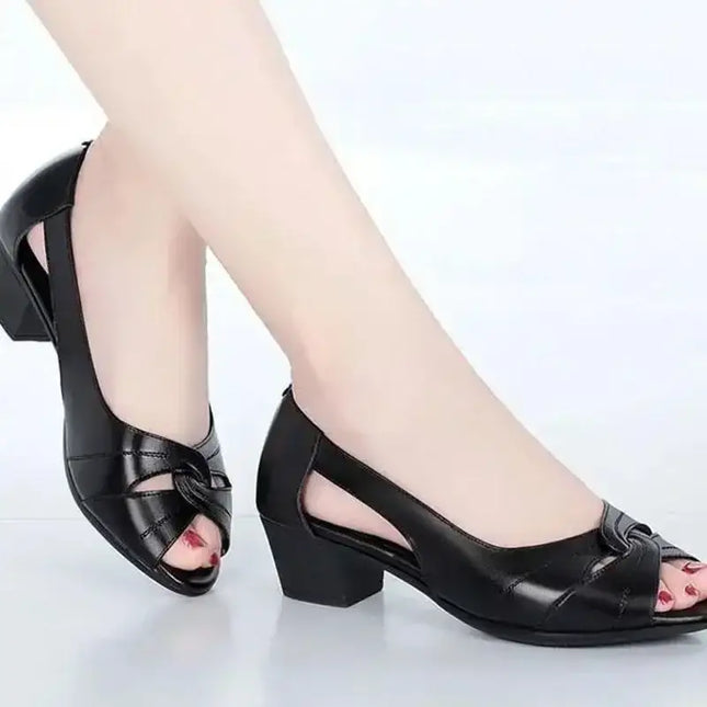 Black Peep Toe Mid Heel Sandals Women's Pumps Square Heel Soft Sole Leather Work Shoes Simple Casual Summer Hollow Out