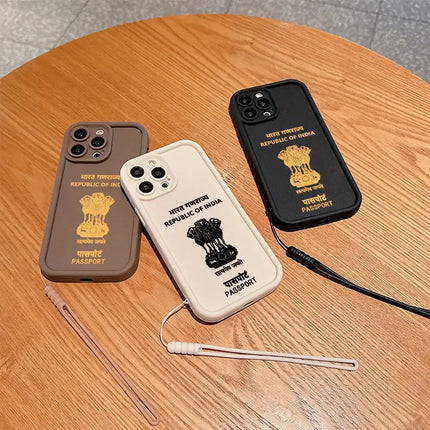 India Passport Phone Case for IPhone 16 15 14 13 12 11 Pro Max Mini XR XS X 7 8 Plus Soft TPU Back Cover With Hand Strap