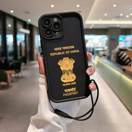 India Passport Phone Case for IPhone 16 15 14 13 12 11 Pro Max Mini XR XS X 7 8 Plus Soft TPU Back Cover With Hand Strap