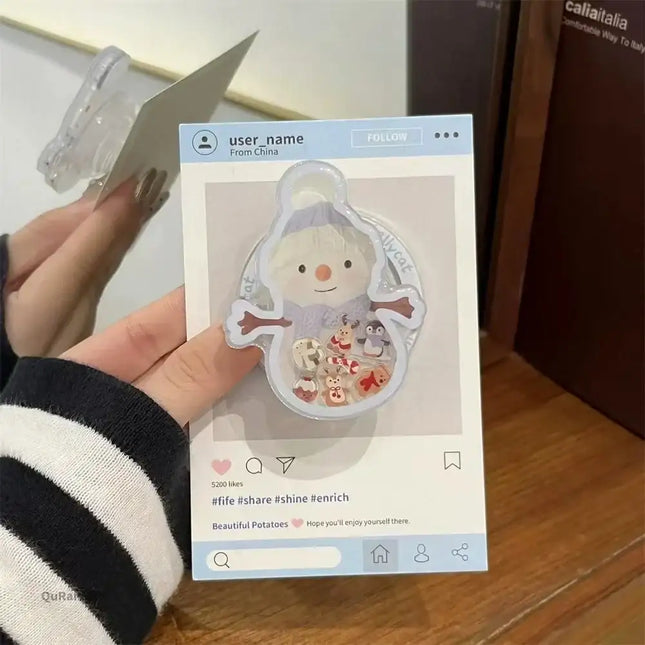 Cute Christmas 3D Snowman Quicksand Cartoon for Magsafe Griptok Holder Phone Finger Ring Stand Support for IPhone17 Girl Bracket