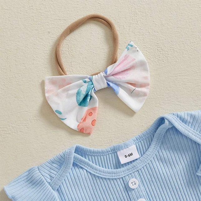 Baby Girls Summer Outfit Short Sleeve Romper with Bunny Eggs Print Flare Pants and Bowknot Headband Easter Outfit