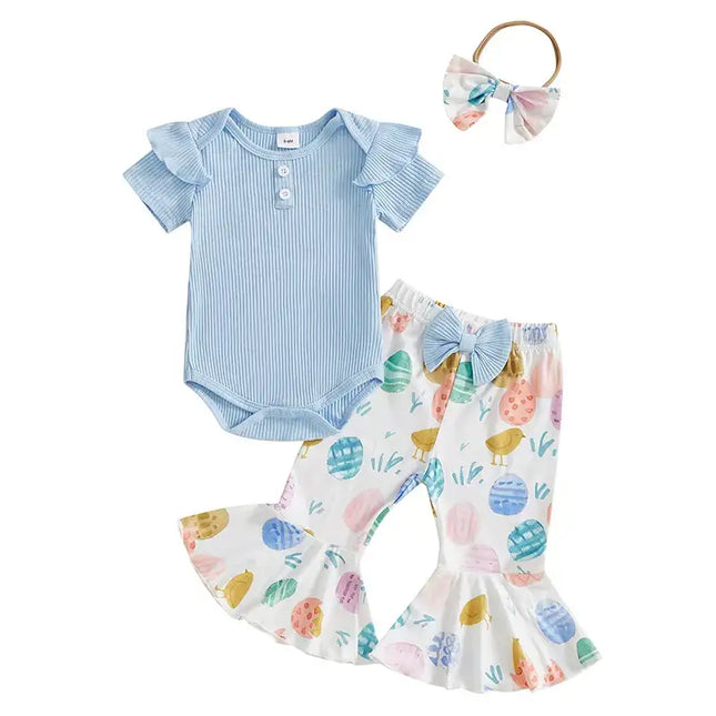 Baby Girls Summer Outfit Short Sleeve Romper with Bunny Eggs Print Flare Pants and Bowknot Headband Easter Outfit