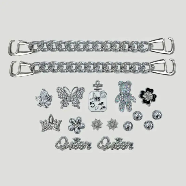 17PCS Fashion Shoe Charms Set Accessories Hole Shoe Buckle Silver Crystal Bear Chain DIY Shoes Decorations Woman Girls Gift
