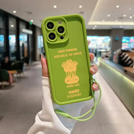 India Passport Phone Case for IPhone 16 15 14 13 12 11 Pro Max Mini XR XS X 7 8 Plus Soft TPU Back Cover With Hand Strap