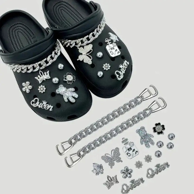 17PCS Fashion Shoe Charms Set Accessories Hole Shoe Buckle Silver Crystal Bear Chain DIY Shoes Decorations Woman Girls Gift