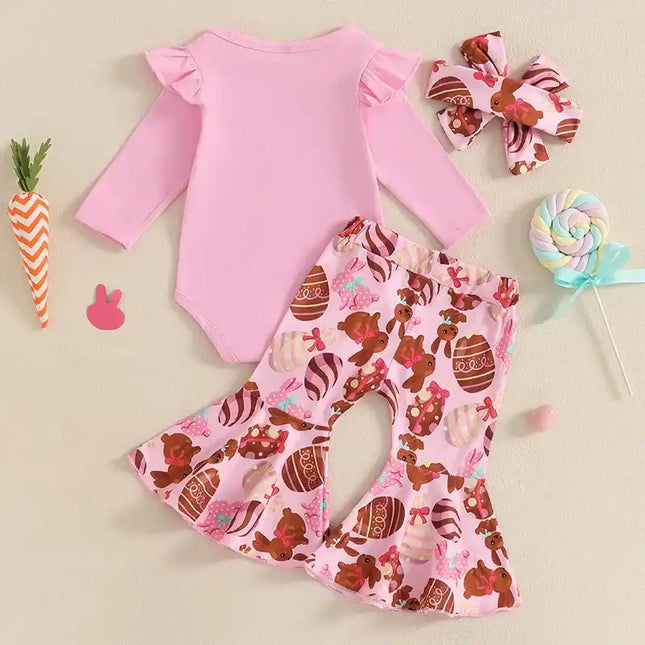 0-18M Infant Baby Girls Easter Outfits Long Sleeve Romper with Bunny Pattern Flare Pants and Headband 3 Pcs Set for Newborn