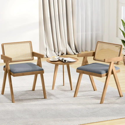 Set of 2 Rattan Accent Chairs with Padded Cushion and Rubber Wood Frame-Gray