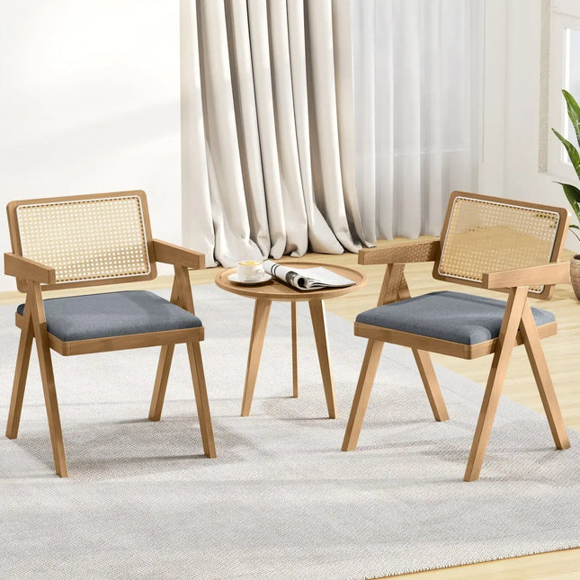 Set of 2 Rattan Accent Chairs with Padded Cushion and Rubber Wood Frame-Gray