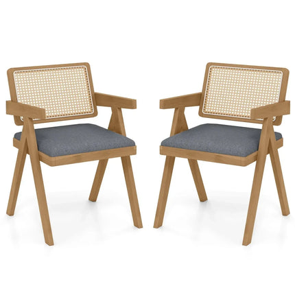 Set of 2 Rattan Accent Chairs with Padded Cushion and Rubber Wood Frame-Gray