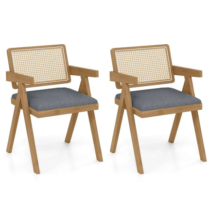 Set of 2 Rattan Accent Chairs with Padded Cushion and Rubber Wood Frame-Gray