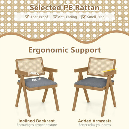 Set of 2 Rattan Accent Chairs with Padded Cushion and Rubber Wood Frame-Gray