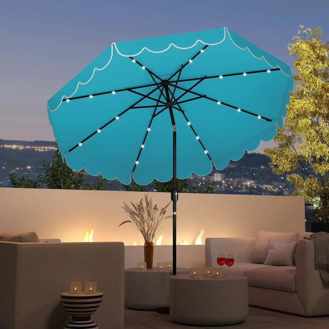 9.3 Feet Solar Patio Umbrella with 24 LED Lights Vented Top and Ruffles-Turquoise